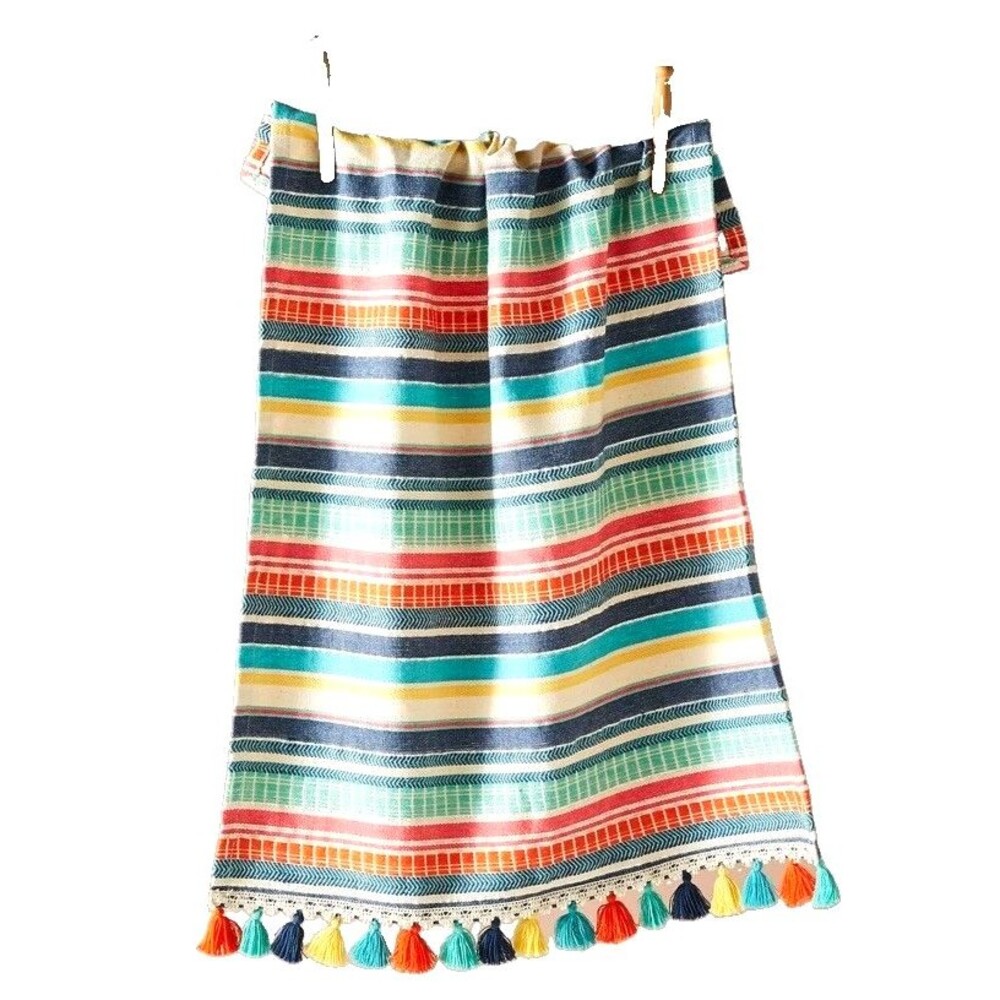 Anthropologie Dish Towel Colorful Chambray Striped Metallic Tassel NWT 21x28⁠